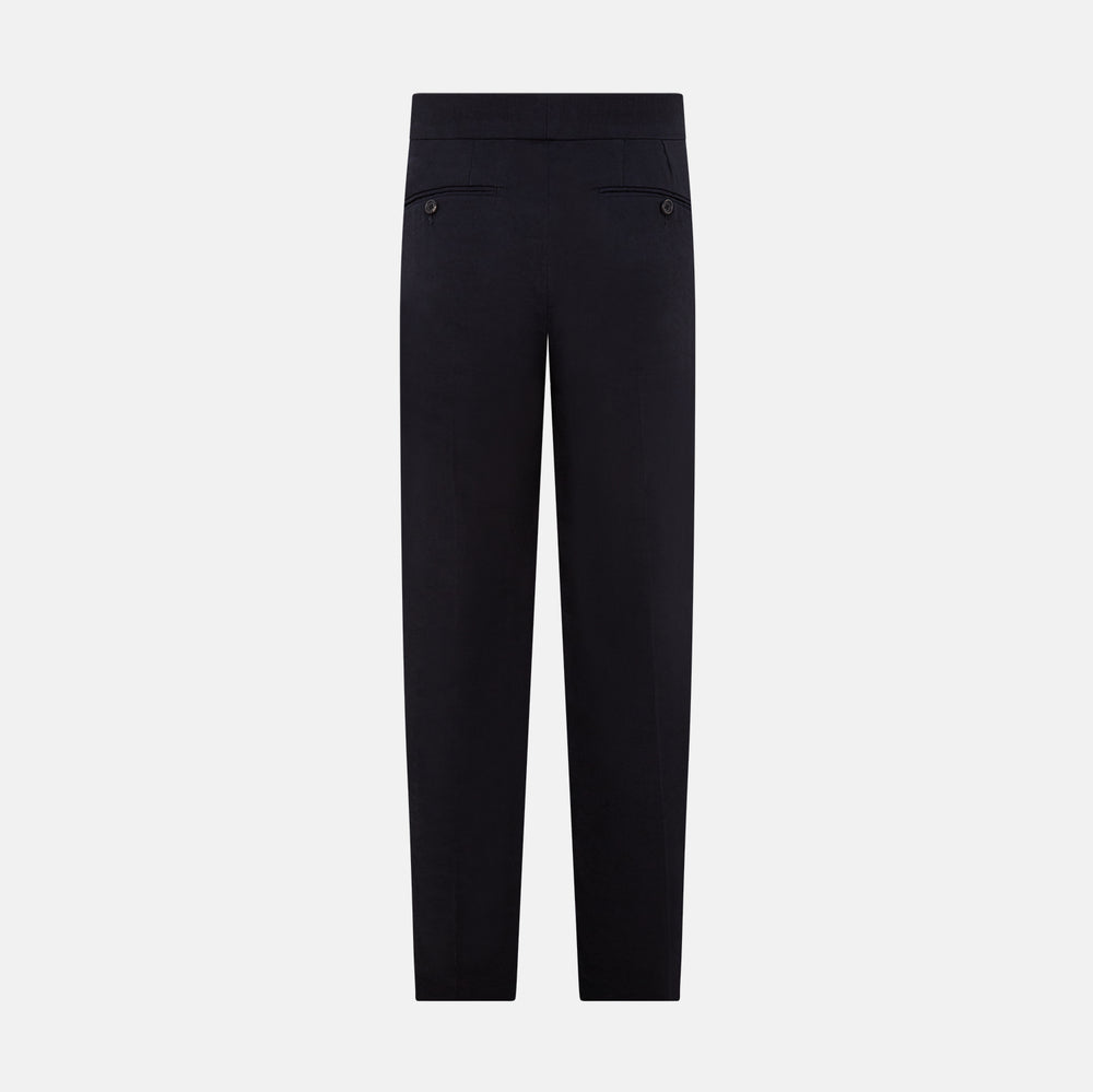 A pair of tailored, straight-leg Navy Linen Blend Henry Trousers by Turnbull & Asser with button and zip closure, displayed against a plain white background.