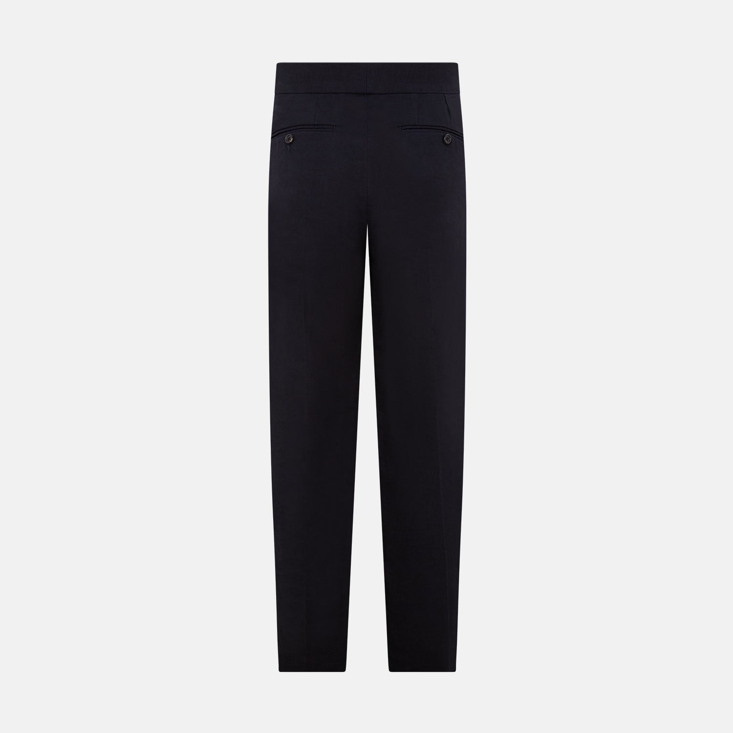 View 3 of product A pair of tailored, straight-leg Navy Linen Blend Henry Trousers by Turnbull & Asser with button and zip closure, displayed against a plain white background.