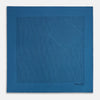 View 3 of product The Blue Stripe Silk Pocket Square by Turnbull & Asser features thin vertical lines, British heritage details, and "TURNBULL & ASSER HAND PRINTED IN ENGLAND" printed on the fabric, with one corner folded to reveal the reverse side.