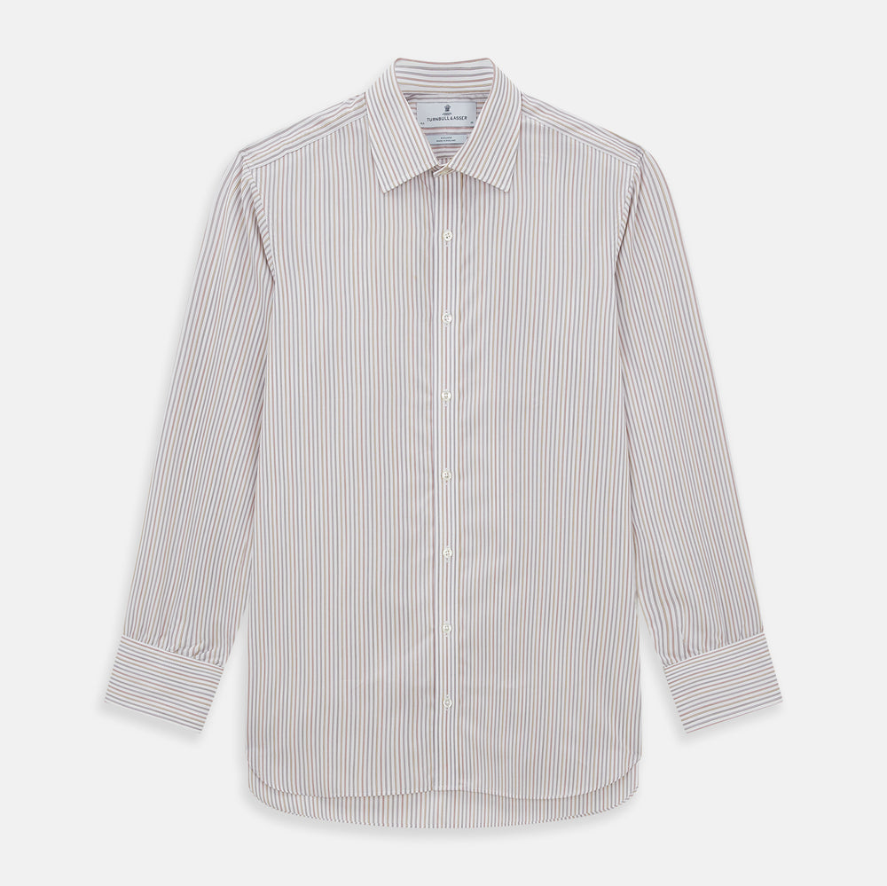 The Red with Multicoloured Music Stripe Mayfair Shirt by Turnbull & Asser is a long-sleeve, button-up shirt with a collar, featuring vibrant multicoloured stripes, inspired by classic British design, neatly laid flat on a plain background.