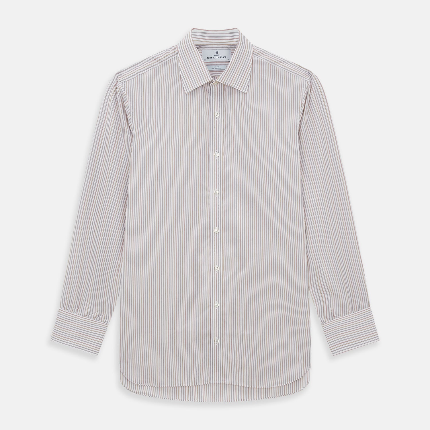 View 1 of product The Red with Multicoloured Music Stripe Mayfair Shirt by Turnbull & Asser is a long-sleeve, button-up shirt with a collar, featuring vibrant multicoloured stripes, inspired by classic British design, neatly laid flat on a plain background.