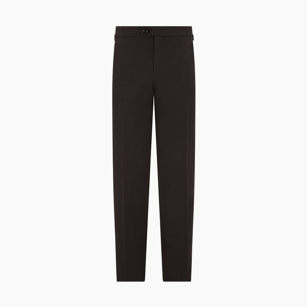 A pair of brown linen Henry trousers by Turnbull & Asser with a straight-leg cut and button waistband, ideal for formalwear, displayed against a plain white background.