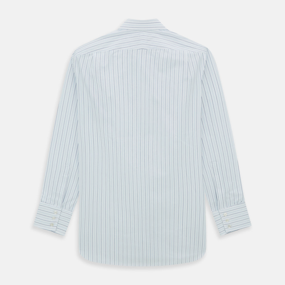 The Turnbull & Asser Blue Wide Pinstripe Mayfair Shirt is a long-sleeved, collared, button-down style crafted from organic cotton, featuring wide blue pinstripes on a white background.