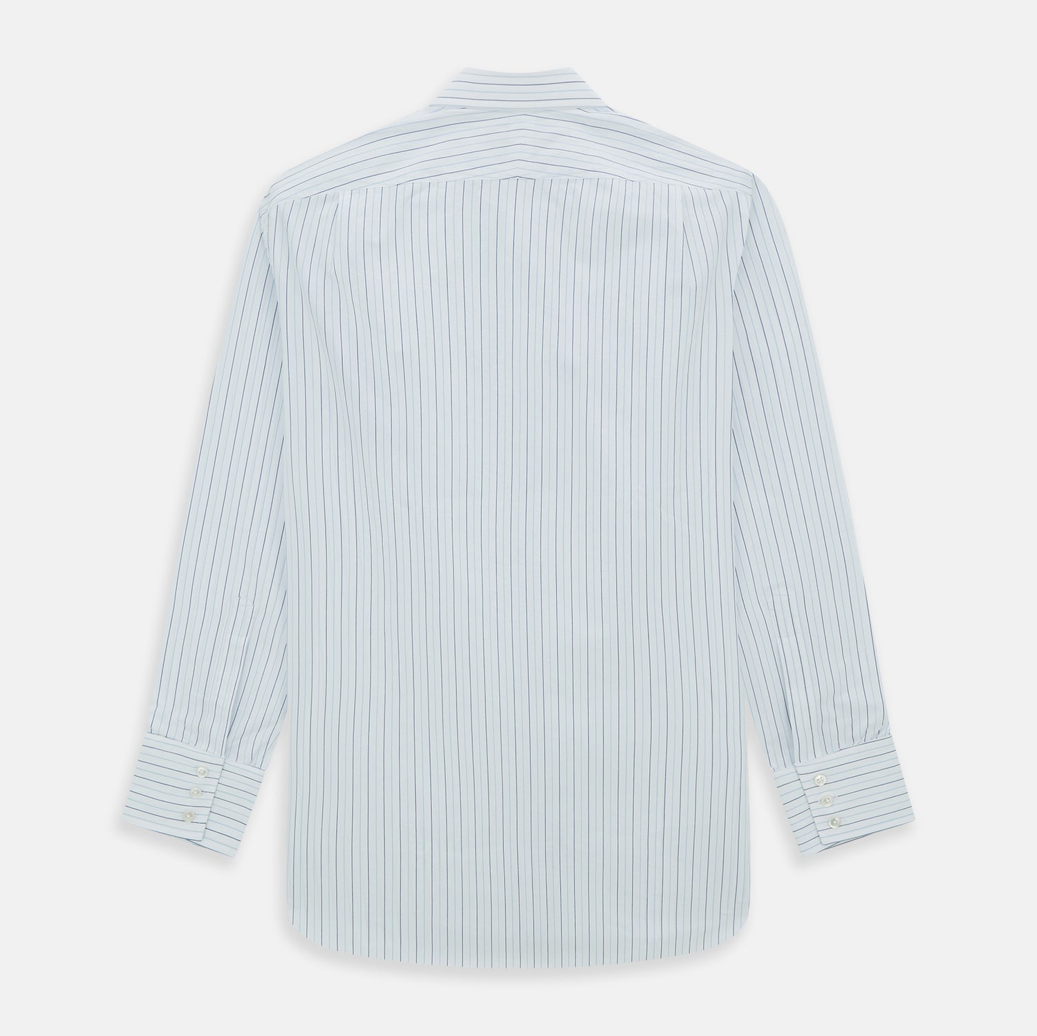 View 3 of product The Turnbull & Asser Blue Wide Pinstripe Mayfair Shirt is a long-sleeved, collared, button-down style crafted from organic cotton, featuring wide blue pinstripes on a white background.