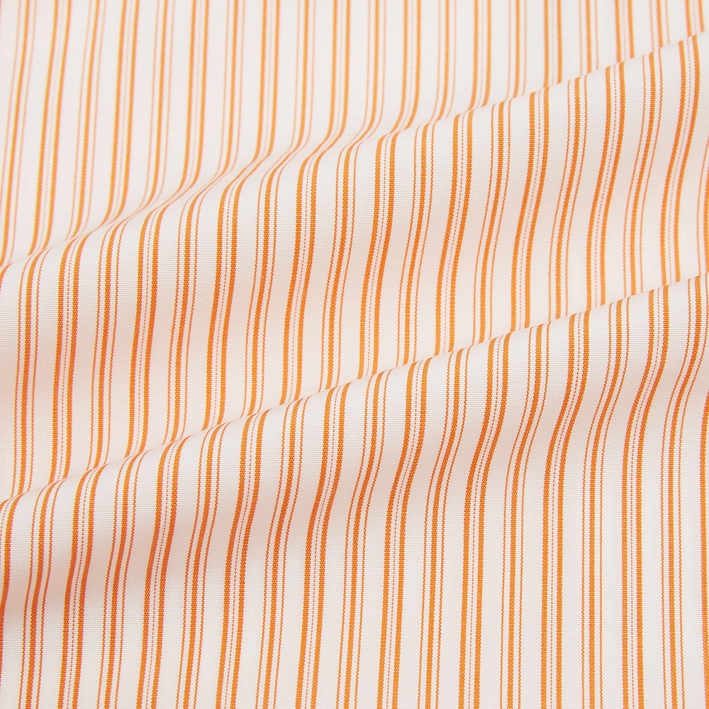 The Turnbull & Asser Orange Ticking Stripe Mayfair Shirt features thin vertical stripes, a classic T&A collar, and buttoned cuffs, shown on a plain white background.