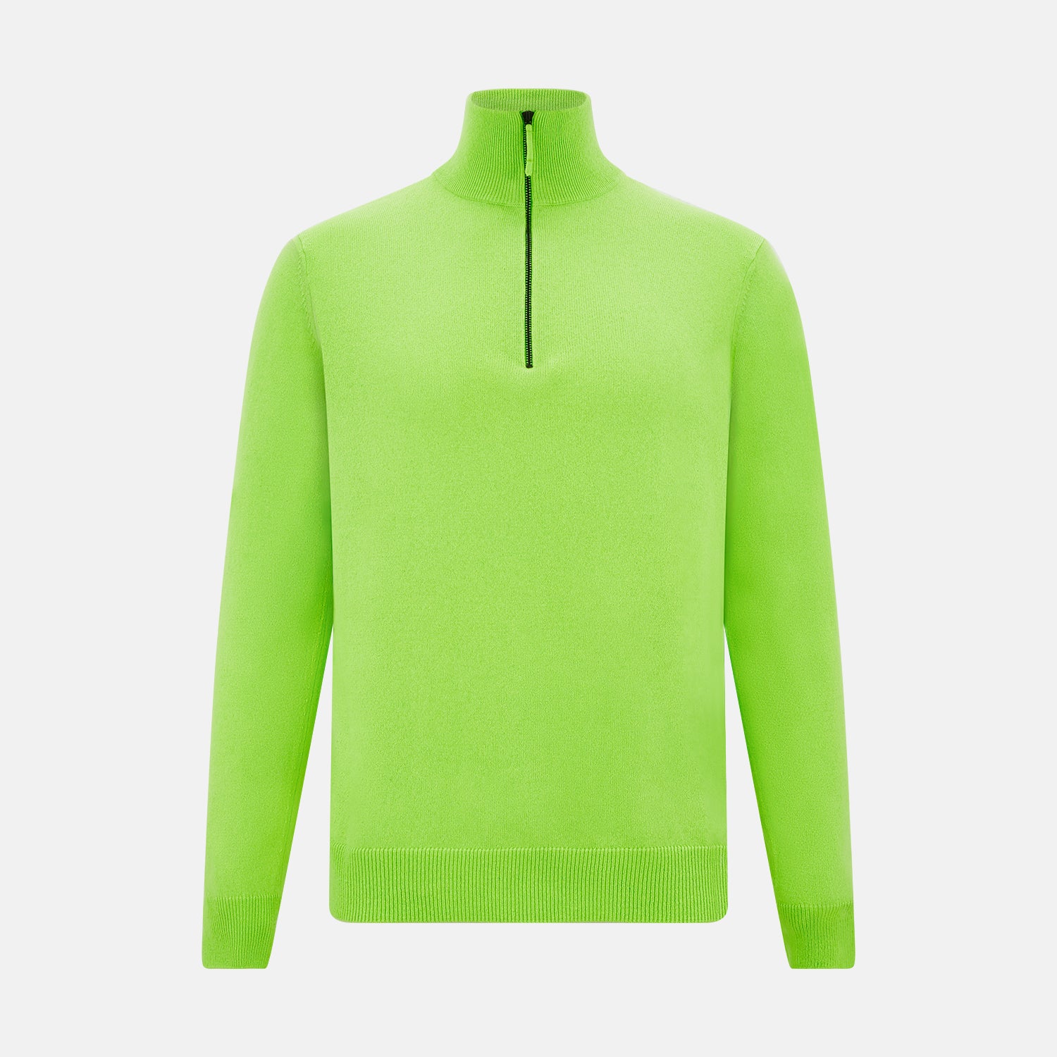 View 1 of product The Turnbull & Asser Neon Green Half-Zip Cashmere Jumper features long sleeves, a high collar, and front half-zip closure—ideal knitwear for bold style, shown on a white background.