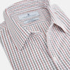 View 2 of product The Turnbull & Asser Red and Midnight Blue Tattersall Check Windsor Shirt features British craftsmanship, shown laid flat with sleeves extended and collar neatly folded.