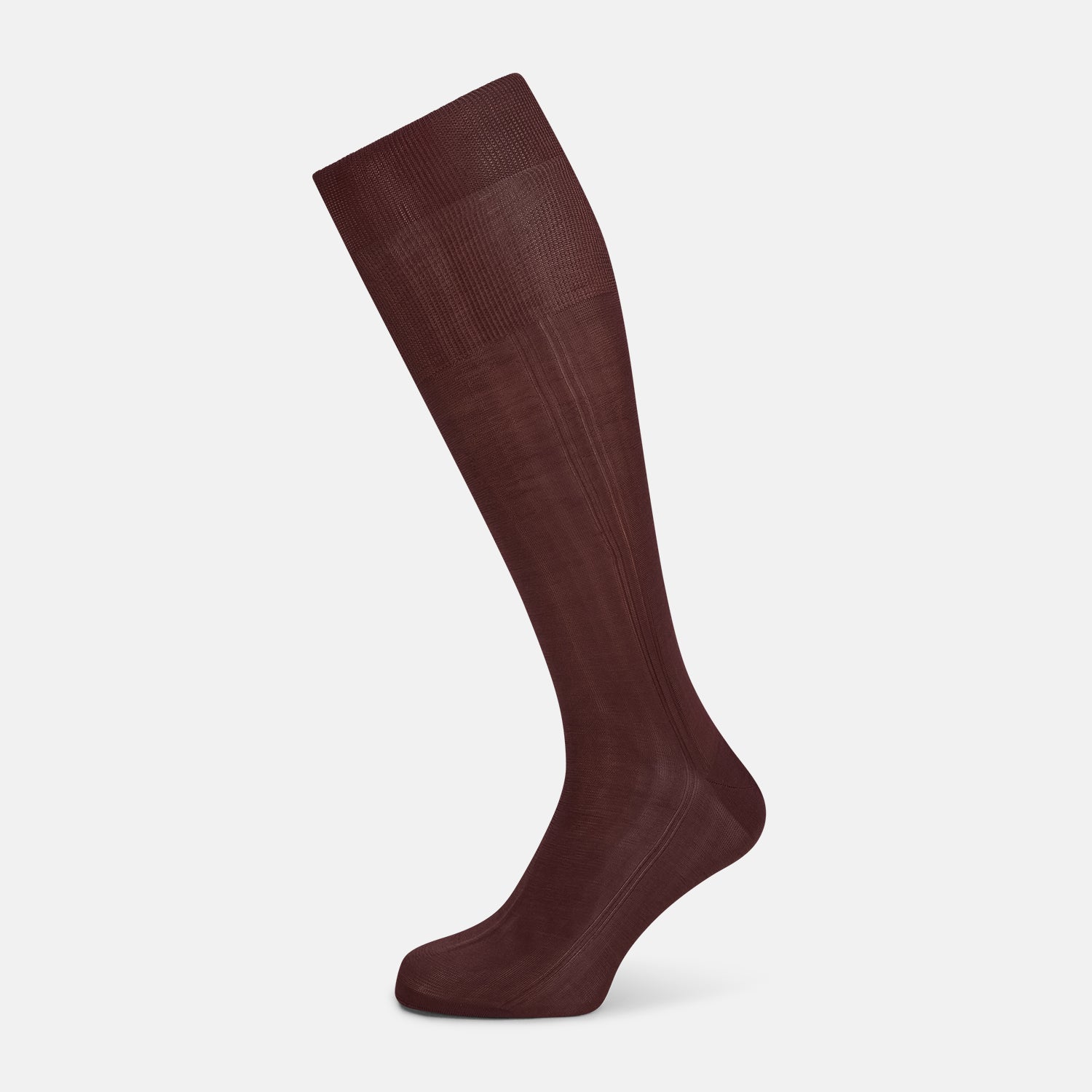 View 1 of product A single Burgundy Silk Long Sock by Turnbull & Asser is shown on a white background, styled as if worn on a foot.