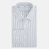 View 5 of product The Turnbull & Asser Navy and Blue Multi Stripe Mayfair Shirt features long sleeves, a T&A collar, and buttoned cuffs, shown against a white background.
