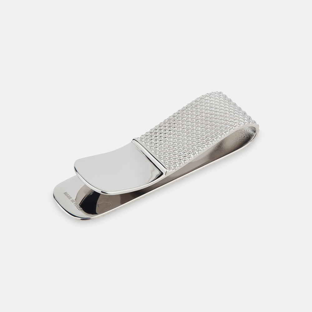 The Turnbull & Asser Silver Textured Money Clip features a diamond-patterned sterling silver surface, shown on a plain white background—a sophisticated accessory for keeping bills organized in style.