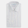 View 12 of product The Turnbull & Asser Multicoloured Double Pinstripe Mayfair Shirt, made from organic cotton, features thin blue, green, and pink stripes on white and is displayed laid flat on a white surface.