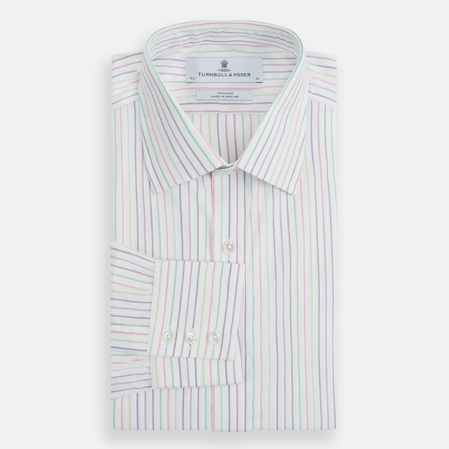 View 12 of product The Turnbull & Asser Multicoloured Double Pinstripe Mayfair Shirt, made from organic cotton, features thin blue, green, and pink stripes on white and is displayed laid flat on a white surface.