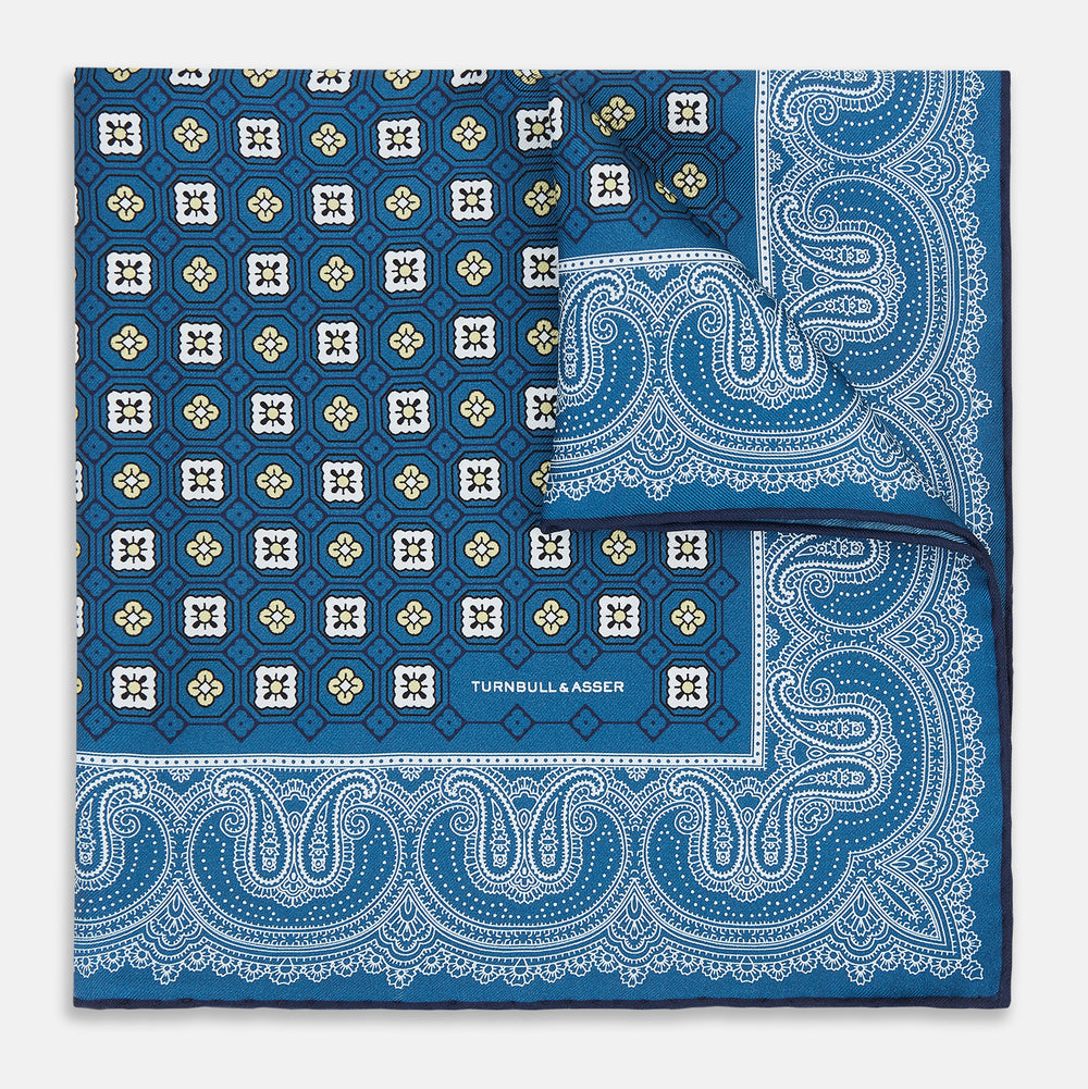 Azzurro Floral Tile and Paisley Silk Pocket Square