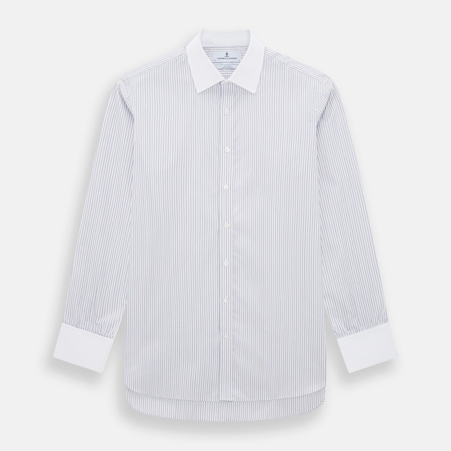 View 1 of product The Turnbull & Asser Multicoloured Music Stripe Shirt features a classic fit, contrast collar, and double cuffs—an elegant British design displayed on a plain light background.