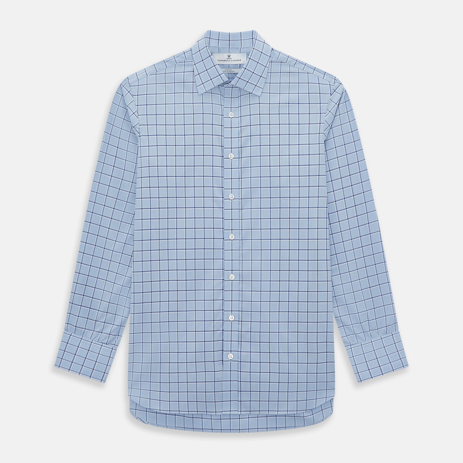 Image 1 of product The Turnbull & Asser Blue and Navy Windowpane Mayfair Shirt features long sleeves, a T&A collar, buttoned cuffs, and Italian cotton in a blue and navy windowpane pattern, shown on a plain white background.
