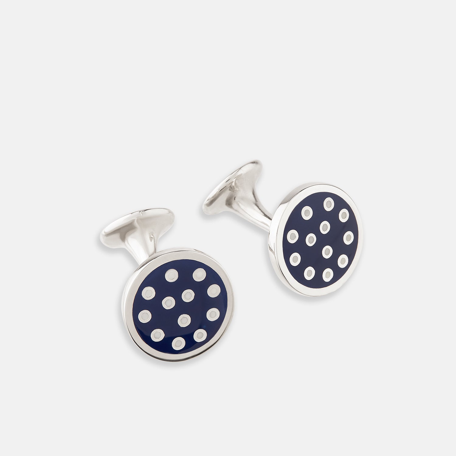 View 1 of product The Turnbull & Asser Navy Spotted Circle Enamel Cufflinks feature round faces with silver polka dots, offering a classic men's accessory in a striking navy design.