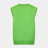 View 3 of product The Turnbull & Asser Lime Green Fine Merino V-Neck Sleeveless Cardigan features dark buttons, two front pockets, and a sophisticated look, all set against a plain white background.