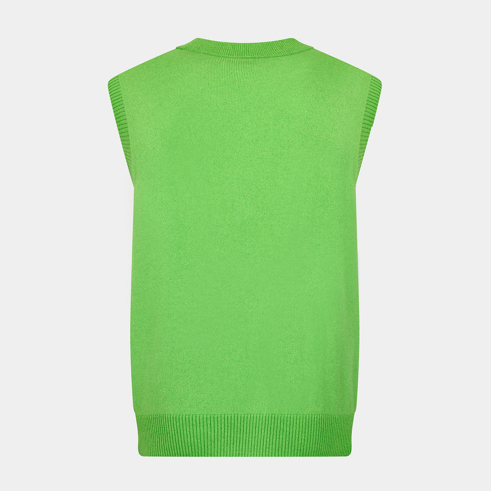 The Turnbull & Asser Lime Green Fine Merino V-Neck Sleeveless Cardigan features dark buttons, two front pockets, and a sophisticated look, all set against a plain white background.