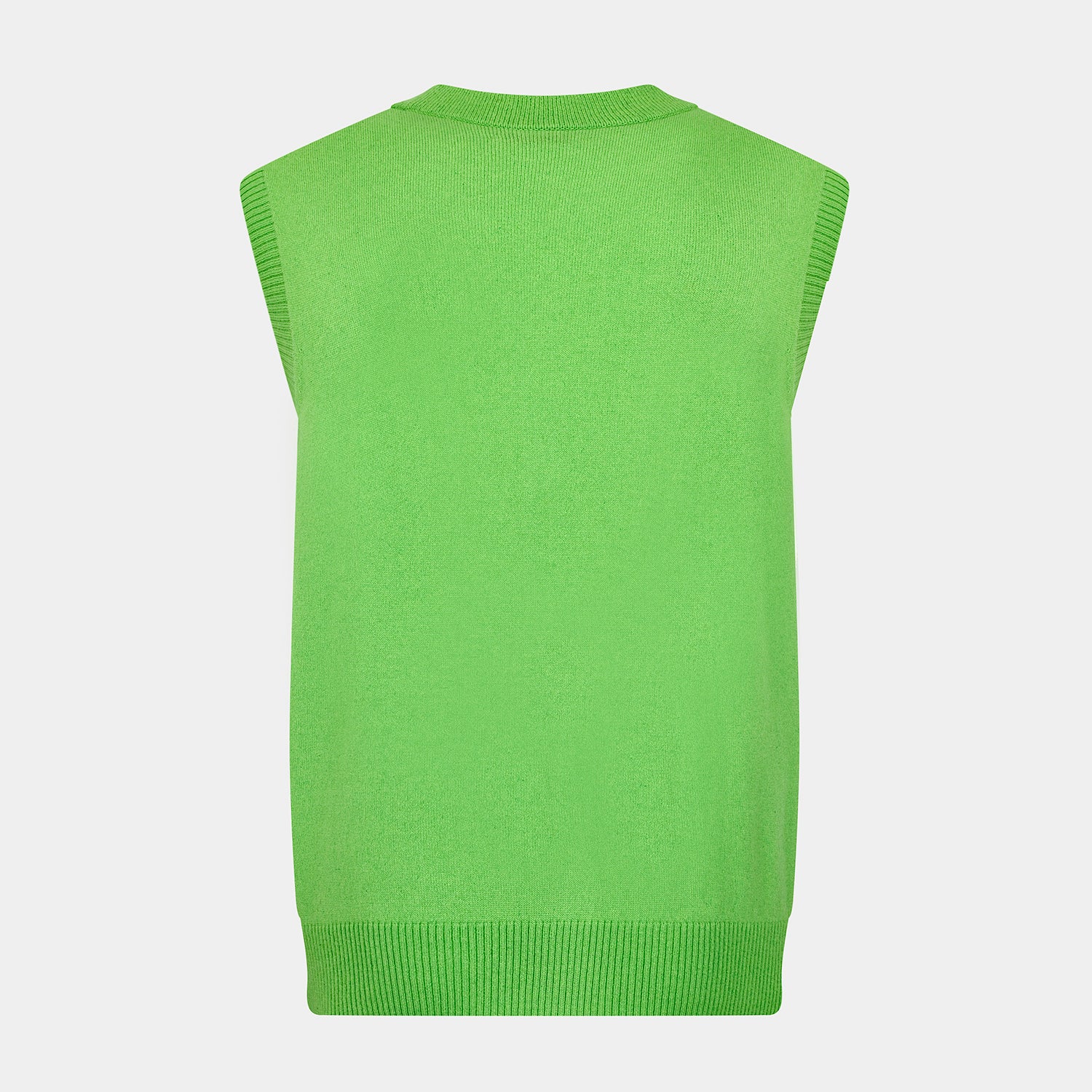 View 3 of product The Turnbull & Asser Lime Green Fine Merino V-Neck Sleeveless Cardigan features dark buttons, two front pockets, and a sophisticated look, all set against a plain white background.