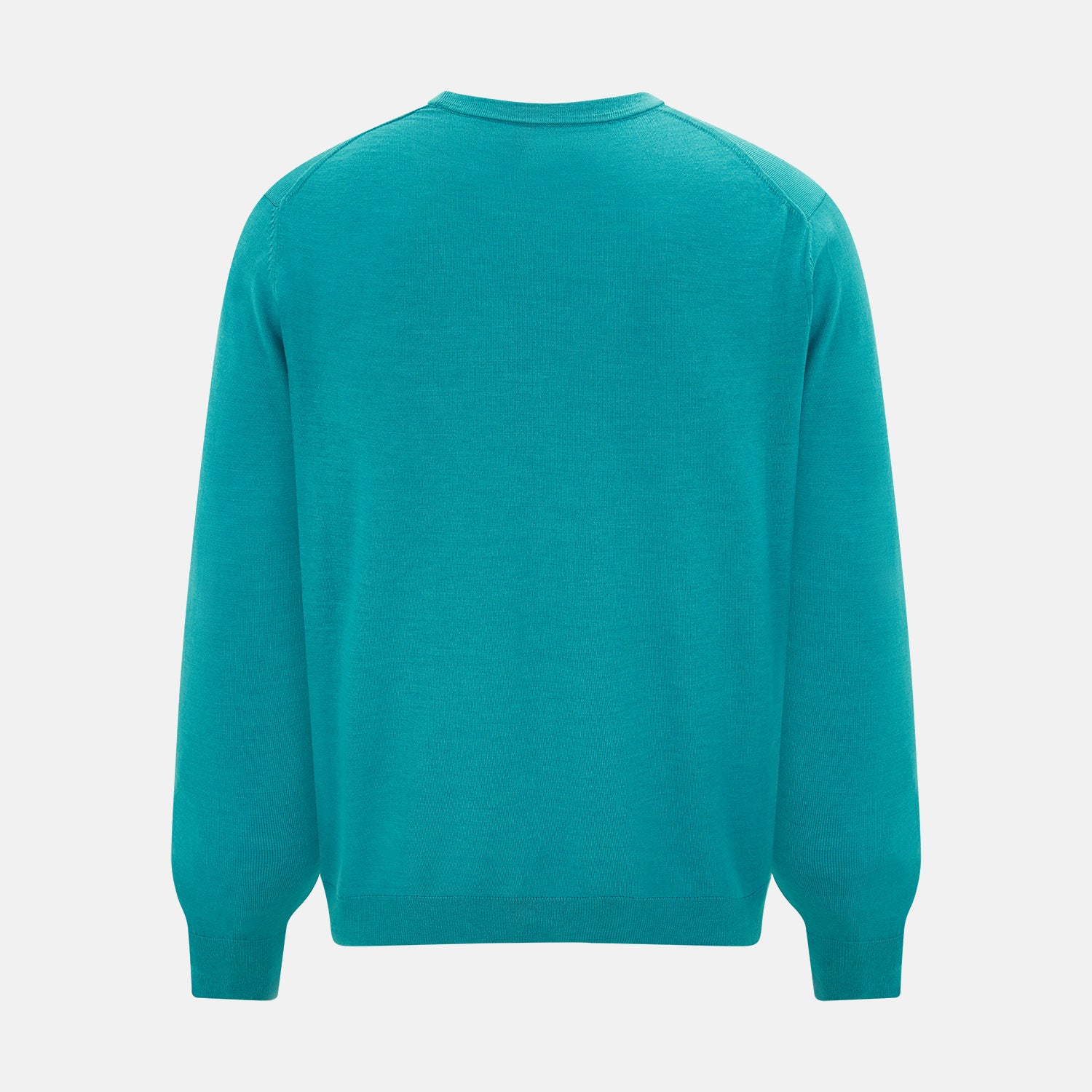 View 3 of product The Turnbull & Asser Turquoise Fine Merino V-Neck Cardigan features long sleeves, ribbed cuffs and hem, and black buttons, showcased against a plain white background.