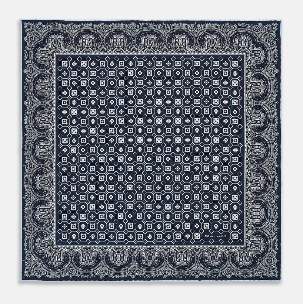 Navy Floral Tile and Paisley Silk Pocket Square