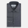 View 5 of product The Turnbull & Asser Azzurro Westminster Shirt in dark grey features long sleeves, a classic collar, buttoned cuffs, and a straight hem, showcased against a white background, highlighting refined British craftsmanship.