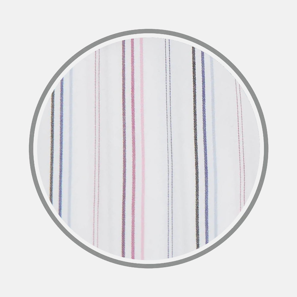 A close-up of Turnbull & Asser's Purple Multi-Stripe Fabric shows white material with vertical black, blue, pink, and purple stripes, displayed in a circular frame on a light background.