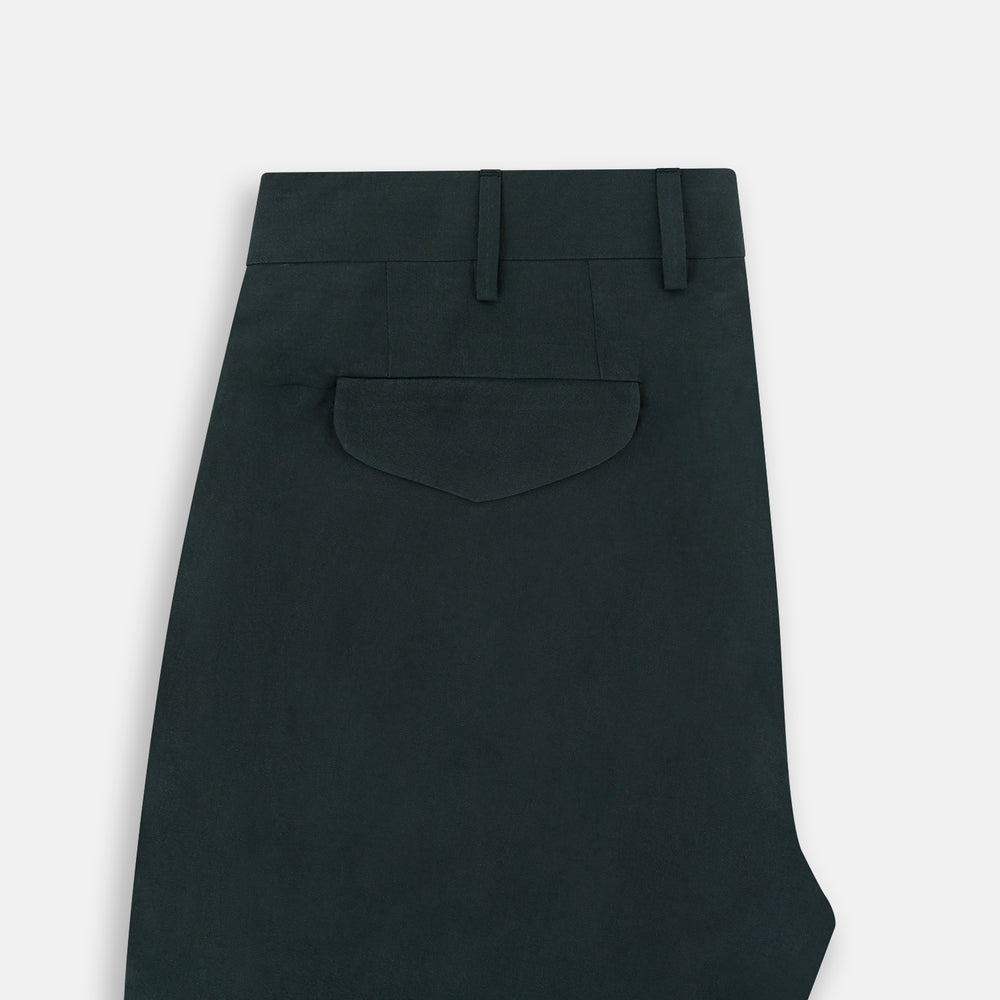 The Hunter Green Winston Trousers by Turnbull & Asser are crafted in high-twist cotton with straight legs, belt loops, button closure, and front zipper, shown against a plain light background.