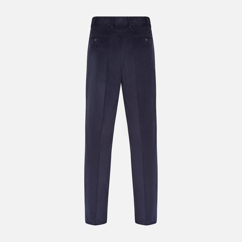 Turnbull & Asser’s Navy Corduroy Edward Trousers feature a straight-leg cut, button closure, and side pockets, shown on a plain white background.