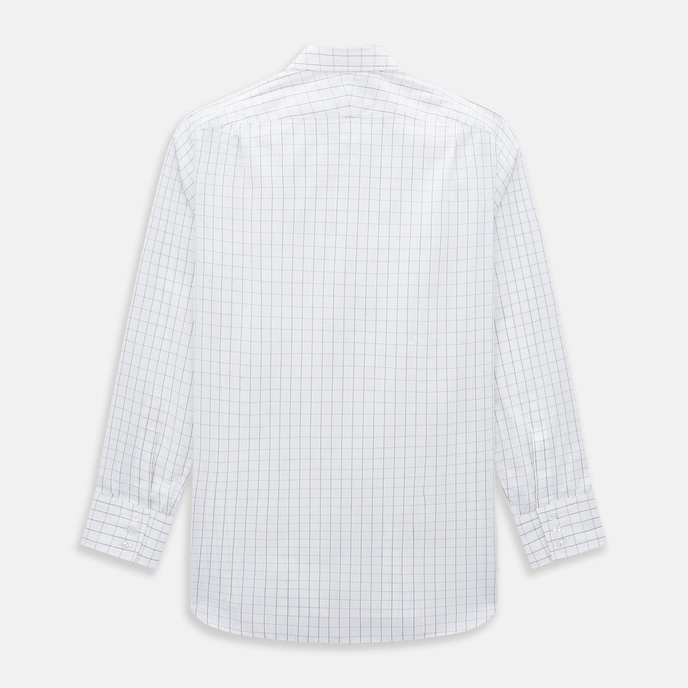 A long-sleeve, button-down Navy Blue Hairline Multi Stripe Mayfair Shirt by Turnbull & Asser is displayed flat against a white background.