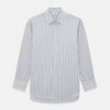 View 1 of product The Turnbull & Asser Navy Multi Stripe Mayfair Shirt features a T&A collar and premium Italian cotton, with vertical blue and white stripes. It is shown neatly laid flat on a white background.