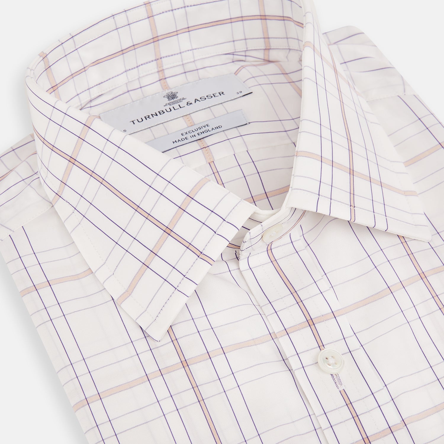 View 2 of product Turnbull & Asser’s Purple and Rose Multi Check Mayfair Shirt features a long-sleeve British design with a white base and purple and rose checks, shown on a plain white background.