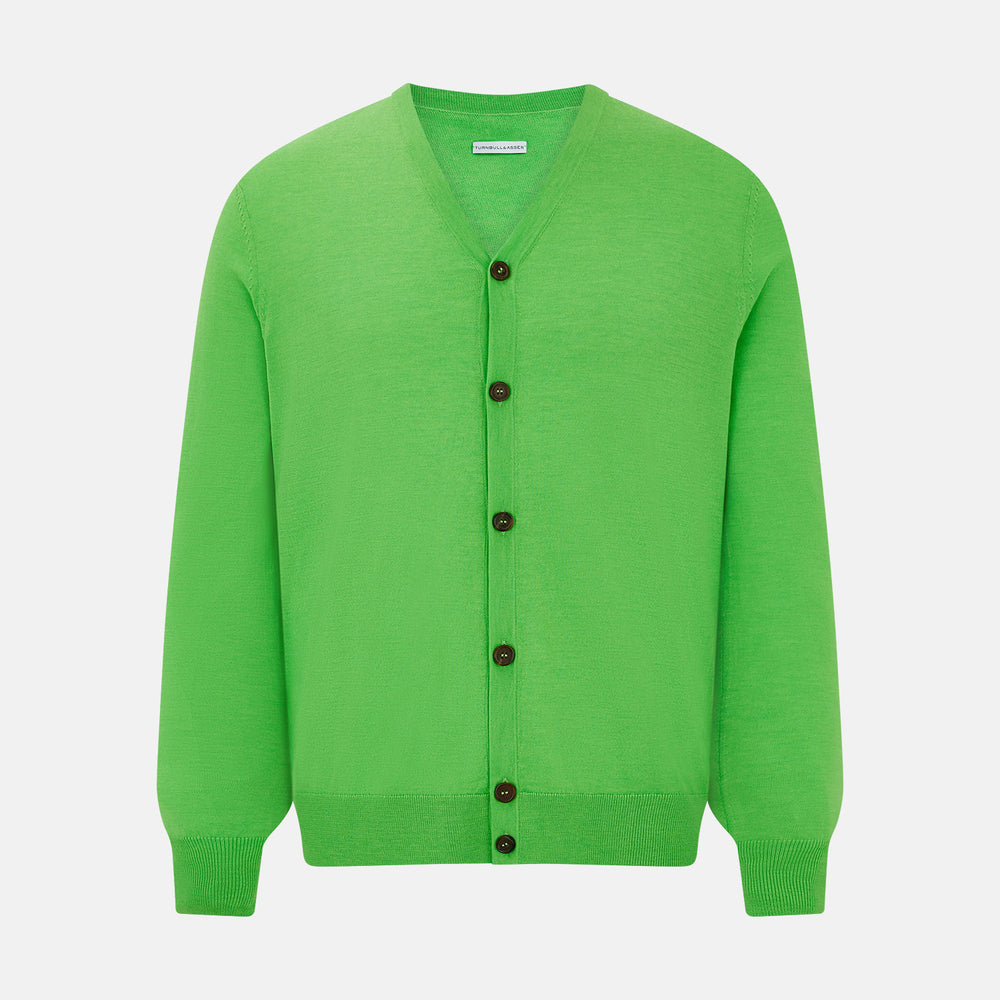 The Turnbull & Asser Lime Green Fine Merino V-Neck Cardigan features long sleeves and dark brown front buttons, shown against a plain white background.
