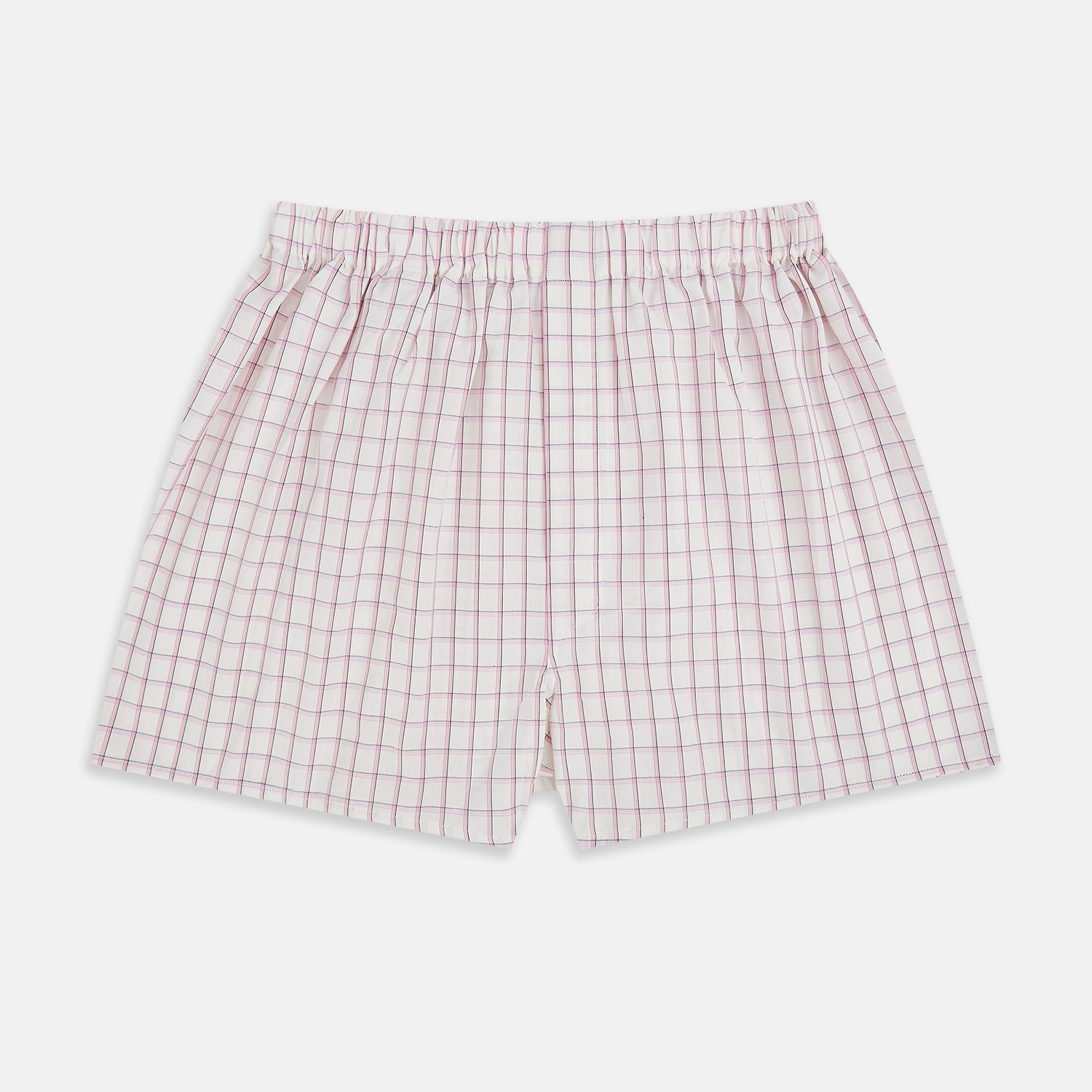 View 1 of product The Pink Graph Check Godfrey Boxer Shorts by Turnbull & Asser feature a comfortable waistband and thin pink grid lines on cotton. These luxury boxers are shown laid flat against a white background.
