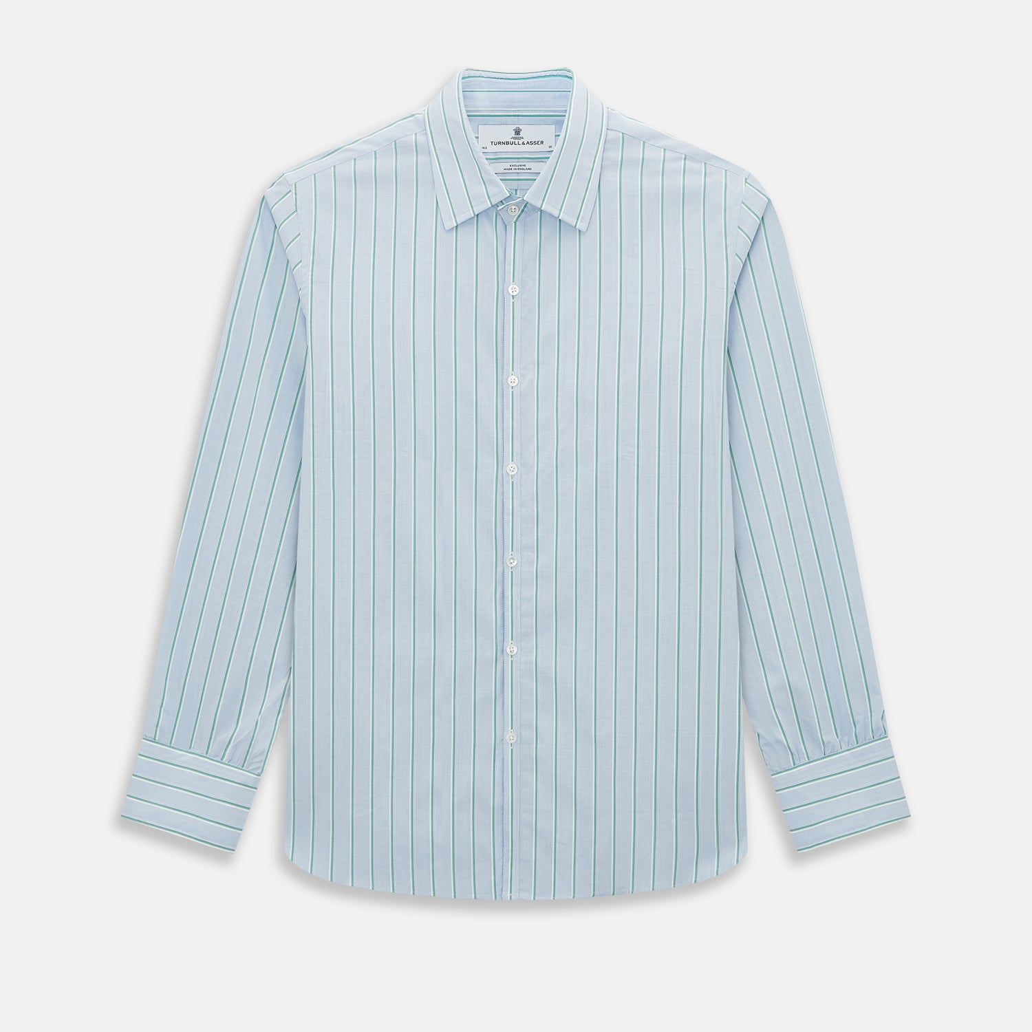 Image 1 of product Blue and green multi-stripe Westminster shirt by Turnbull & Asser, featuring a pointed collar and buttoned cuffs—a refined example of British craftsmanship on a plain white background.