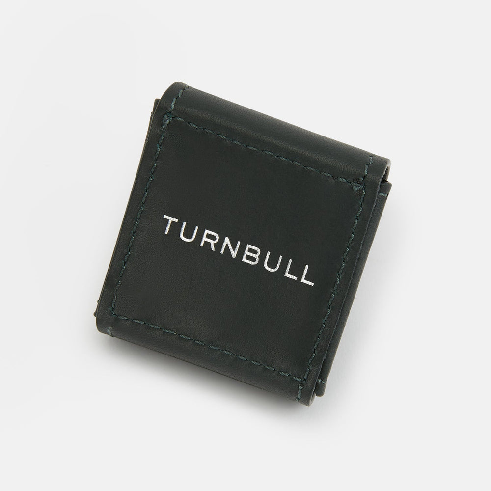 Turnbull & Asser Forest Green Leather Cufflinks feature square ends, visible stitching, and braided leather connectors, displayed on a white background—a refined choice in men's accessories.