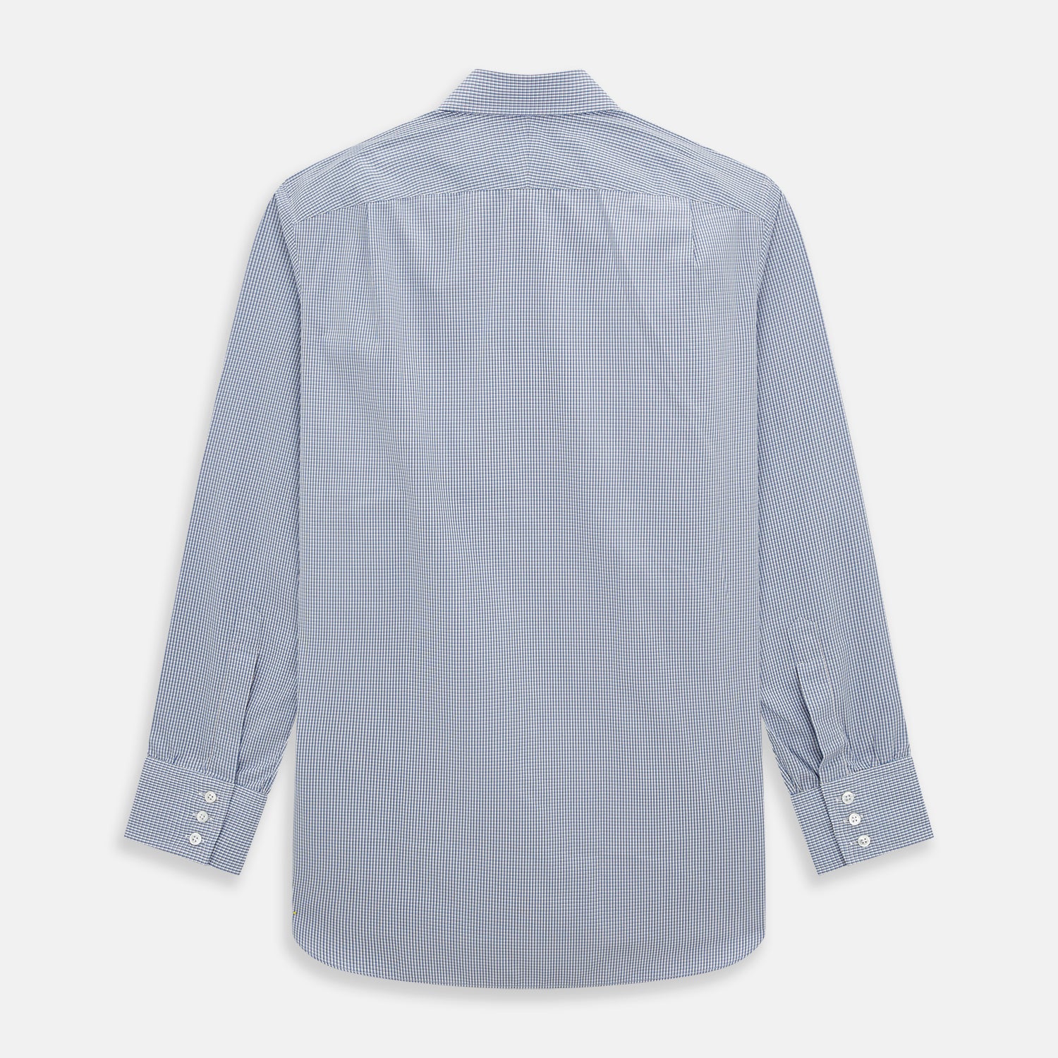 View 3 of product The Turnbull & Asser Pale Blue Micro Graph Check Mayfair Shirt features a small blue and white check pattern, classic T&A collar, white buttons, and buttoned cuffs. Presented on a plain white background.