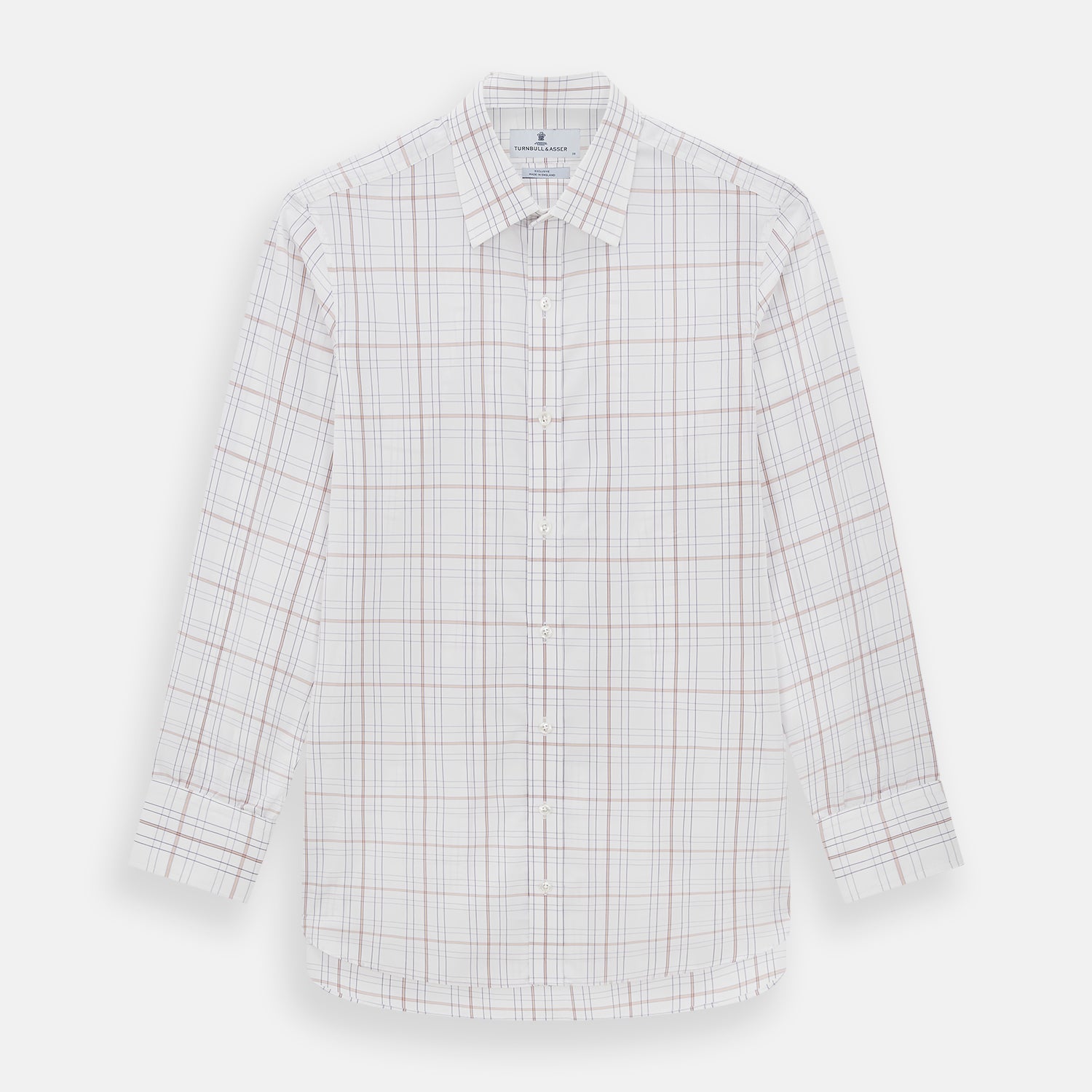 View 1 of product Turnbull & Asser’s Purple and Rose Multi Check Mayfair Shirt features a long-sleeve British design with a white base and purple and rose checks, shown on a plain white background.