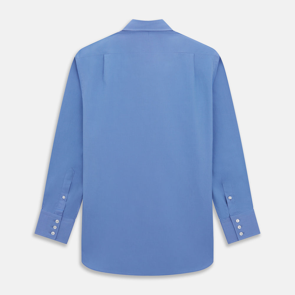 The World Is Not Enough Blue Cotton Istanbul Shirt by Turnbull & Asser, as seen on James Bond, features long sleeves, white buttons, a classic collar, and buttoned cuffs, shown against a plain white background.