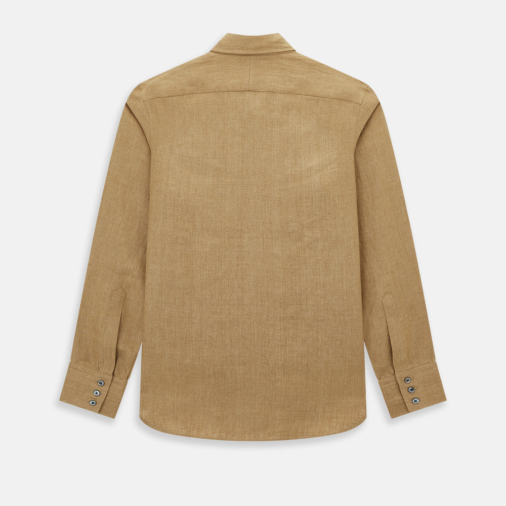 The Turnbull & Asser Camel Linen Windsor Shirt features long sleeves, a tailored fit, and classic collar in light brown camel linen, shown against a white background.