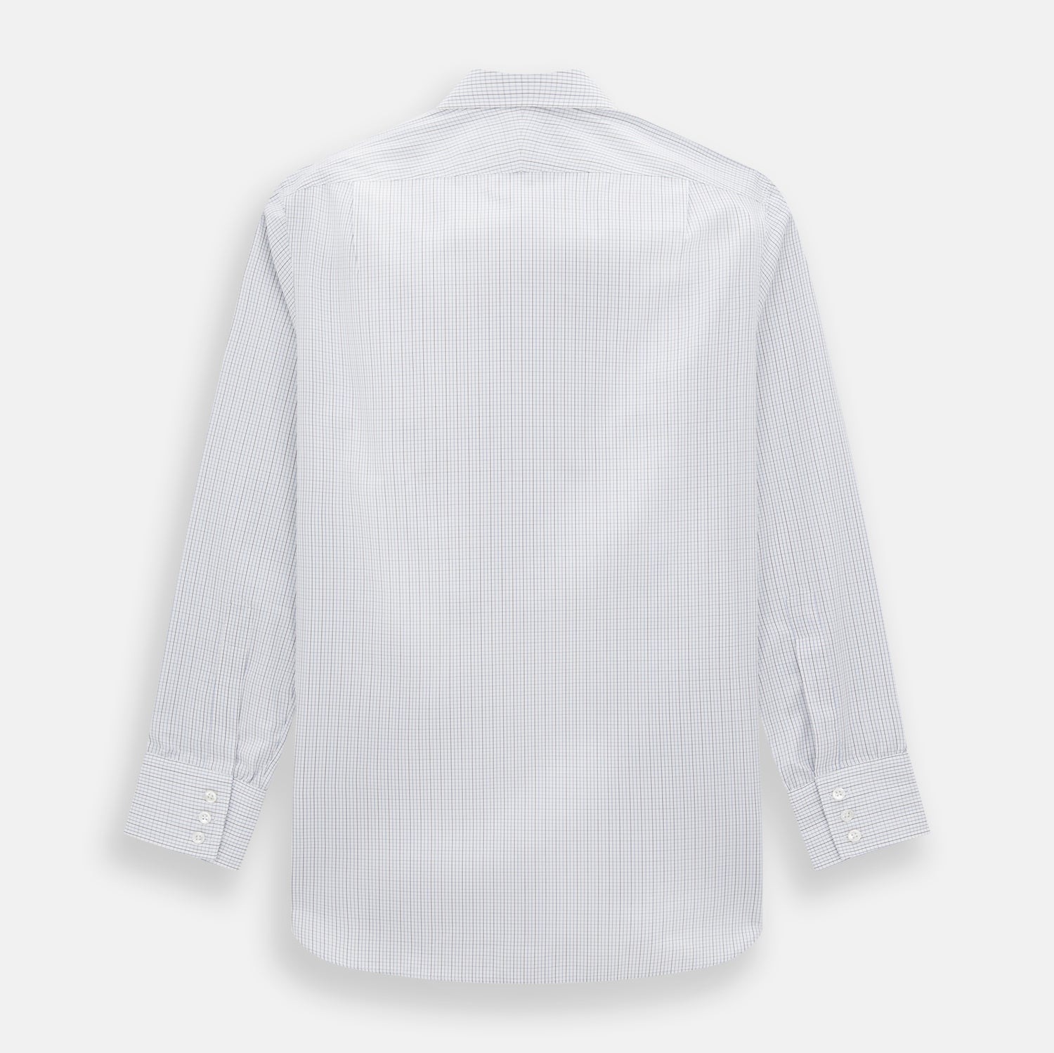 View 3 of product The Turnbull & Asser Pale Blue and Grey Grid Check Mayfair Shirt features long sleeves, a pointed collar, and buttoned cuffs. Crafted from Italian cotton, it displays a subtle grid pattern on a plain white background.