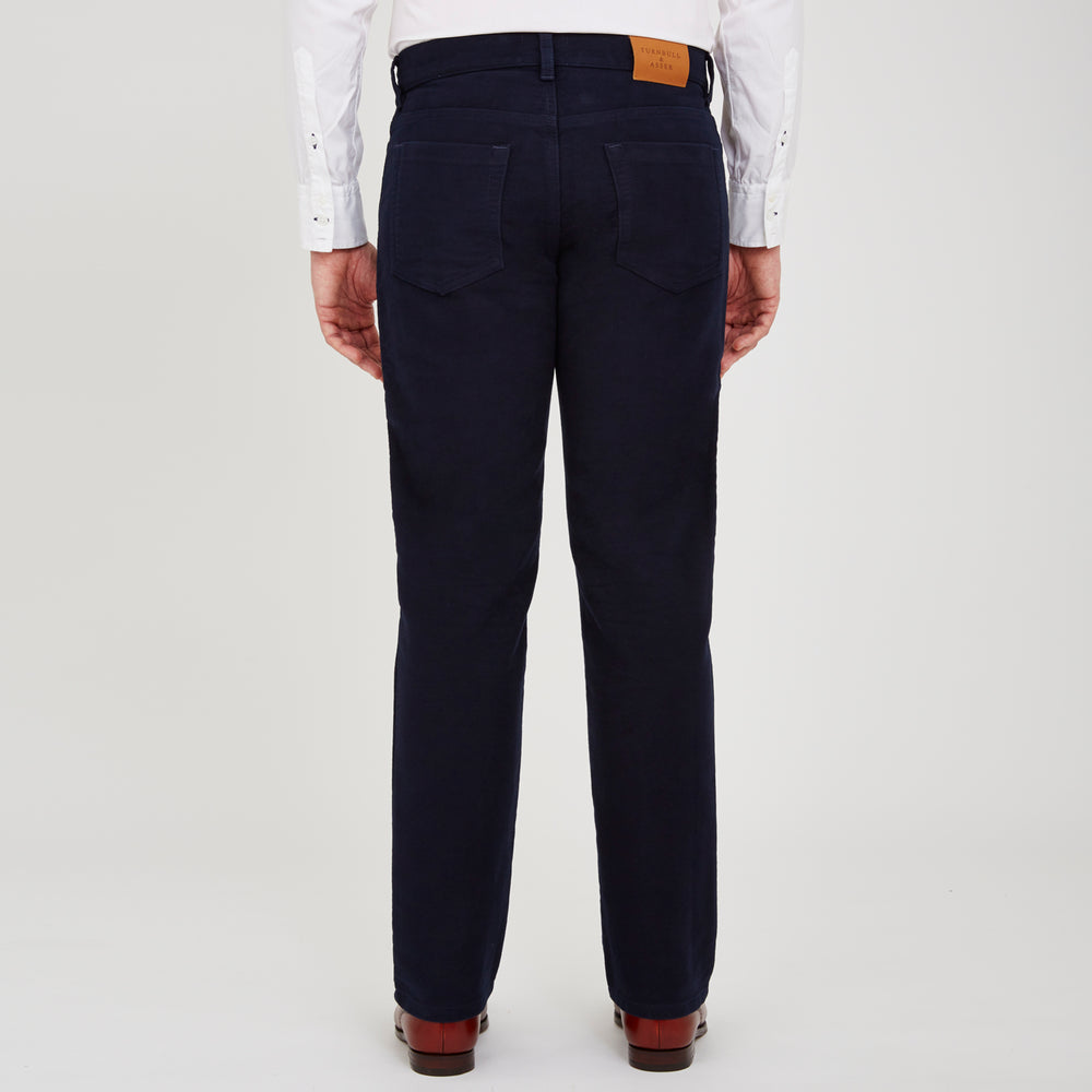 Turnbull & Asser Navy Moleskin Trousers featuring straight-leg design, front and back pockets, button closure, and belt loops, showcased on a plain white background.