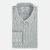 View 4 of product The OLIVE & SAGE GREEN MULTI TRACK STRIPE WESTMINSTER SHIRT by Turnbull & Asser features a classic Turnbull collar and long sleeves, showcasing British craftsmanship with its striped design, presented against a white background.