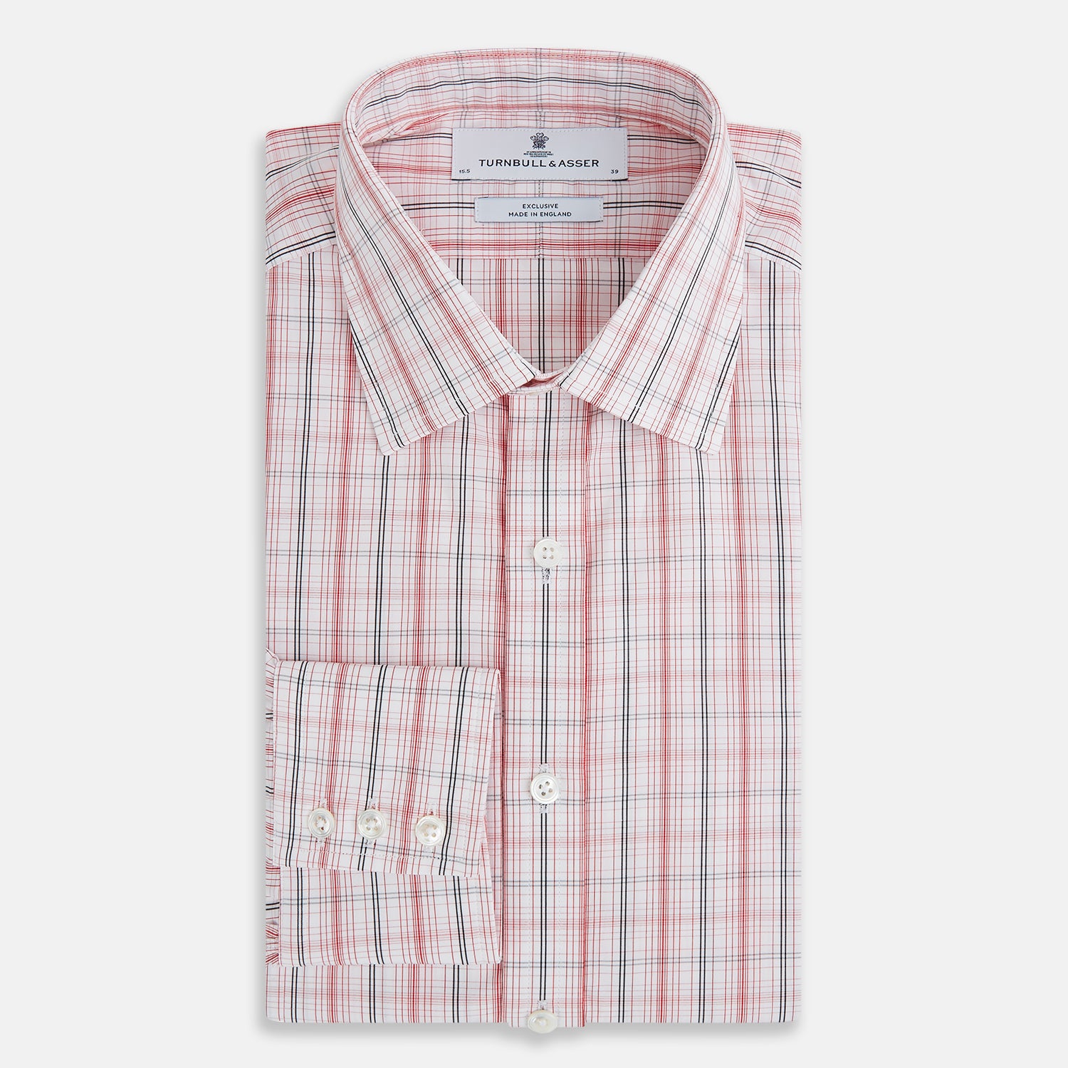 View 5 of product The Turnbull & Asser Red Multi Check Mayfair Shirt is a long-sleeve, button-up with a collar, crafted from Italian cotton and featuring a red multi check plaid pattern on white, shown laid flat against a white surface.