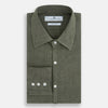 View 5 of product The Sage Linen Westminster Shirt by Turnbull & Asser features long sleeves, a button-up front with white buttons, a pointed Turnbull collar, and buttoned cuffs—crafted in Britain and shown here against a plain white background.
