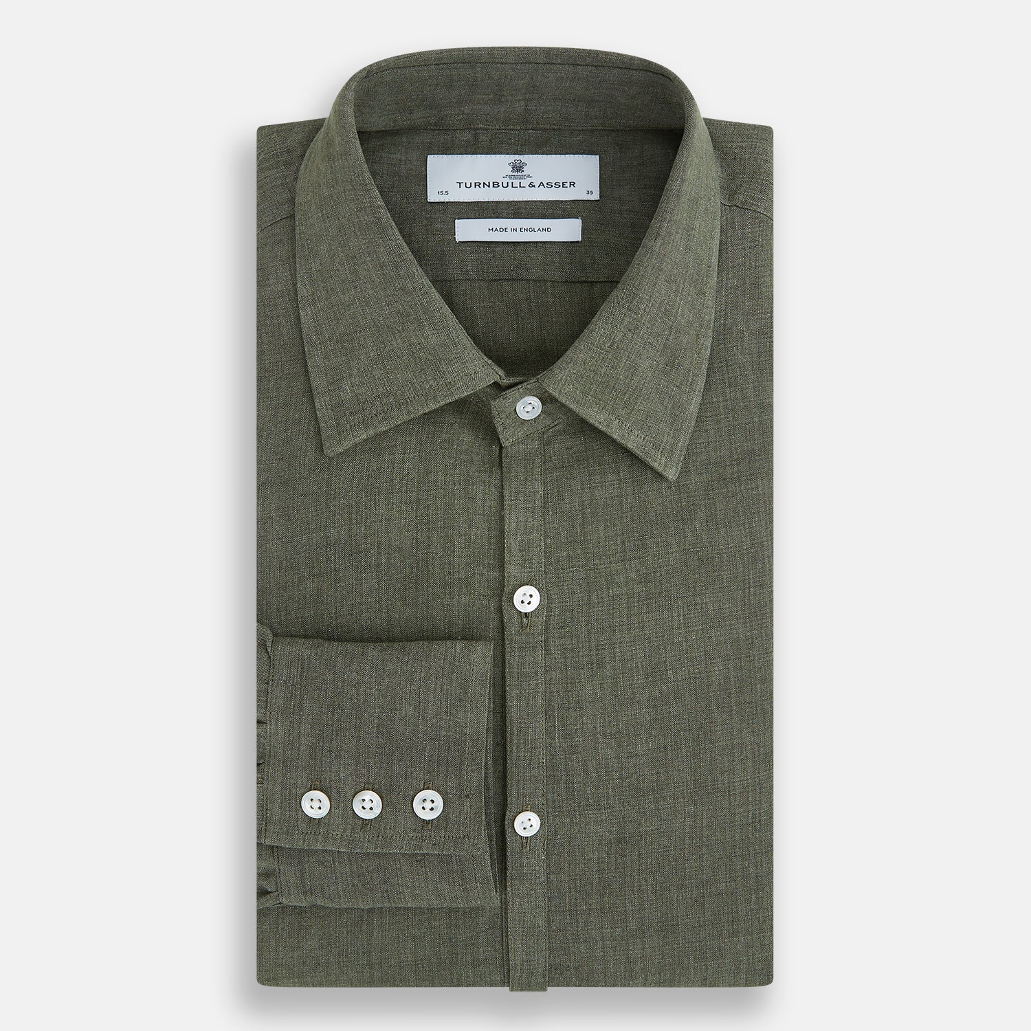 View 5 of product The Sage Linen Westminster Shirt by Turnbull & Asser features long sleeves, a button-up front with white buttons, a pointed Turnbull collar, and buttoned cuffs—crafted in Britain and shown here against a plain white background.