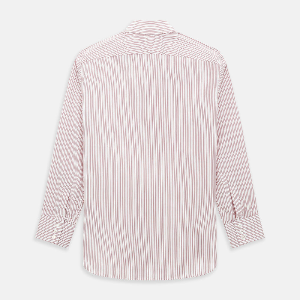 The Red Ticking Stripe Westminster Shirt by Turnbull & Asser features long sleeves, a button-up front, and vertical red and white stripes, shown flat on a white background.