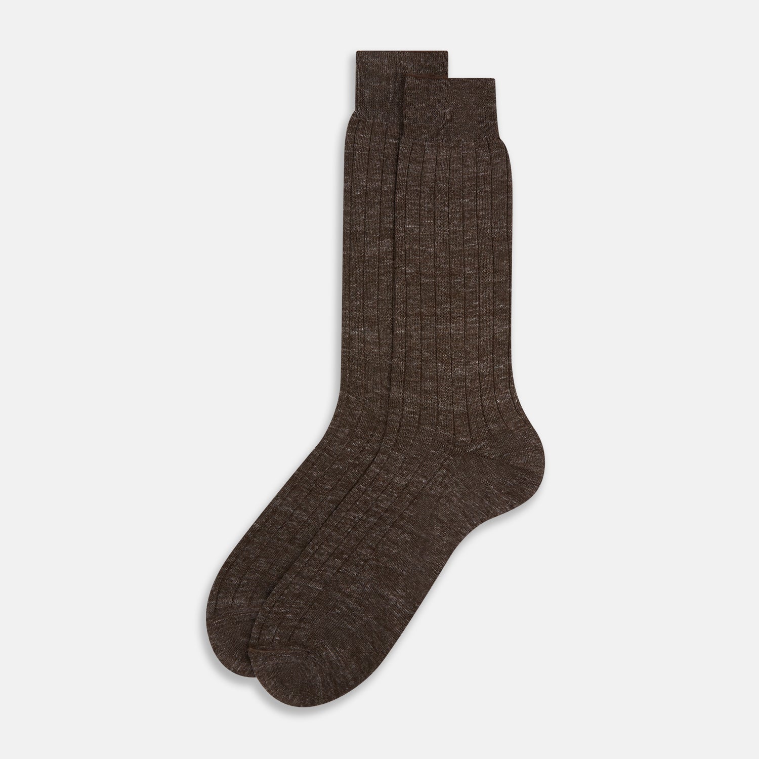 View 4 of product A single Dark Chocolate Linen Mid-Length Sock by Turnbull & Asser, ribbed and breathable, stands upright with its foot slightly raised against a plain white background.