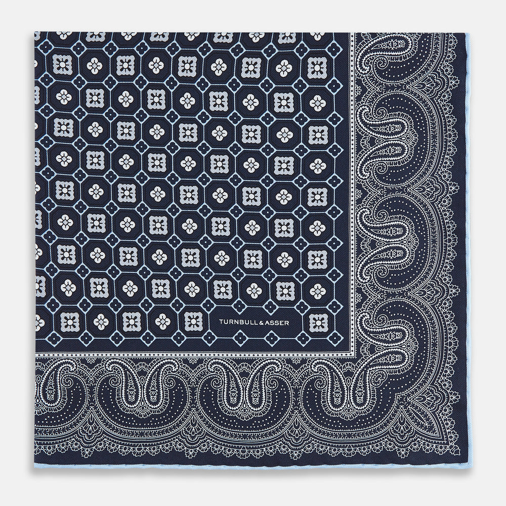 Navy Floral Tile and Paisley Silk Pocket Square