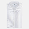 View 5 of product The Dark Navy Double-Pinstripe Westminster Shirt by Turnbull & Asser, featuring a Turnbull collar and cuffed sleeves, is displayed laid flat on a plain white background, highlighting its British craftsmanship.
